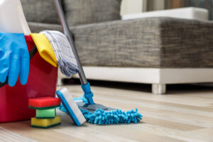 A red cleaning bucket in the foreground filled with cleaning supplies, and a grey couch in the background.