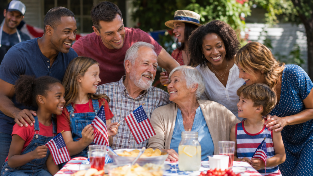 An image of a group of family and friends around a picnic table holding US flags