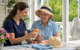 Two women sitting together at a bright table near a window, with a glass of water, a sunhat, and a fan nearby.