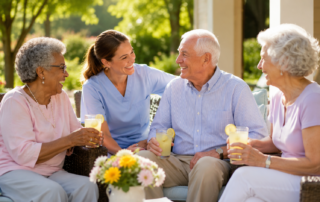 Photo of a group of four people sitting around enjoying the sun and lemonade