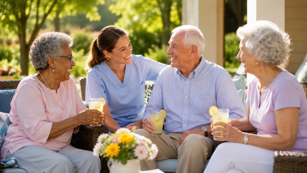 Photo of a group of four people sitting around enjoying the sun and lemonade