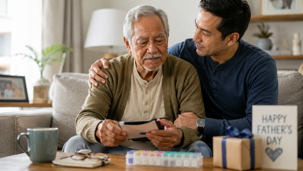 Two people sit together on a living room couch, looking at a small photo or card. The older individual holds the item while the younger individual rests an arm across the older individual’s shoulders. A table in front displays a mug, eyeglasses, a notebook, a weekly pill organizer, and a wrapped gift. A greeting card on the table reads “Happy Father’s Day.”