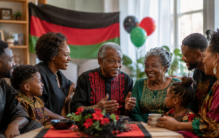 Group of people gathered around a dining table, wearing coordinated patterned clothing and sitting in a warmly lit room. An older person in the center gestures while others lean in closely, suggesting conversation around a shared meal. A red, black, and green flag hangs on the wall behind them, and matching decorations, including balloons and a table centerpiece, reinforce the same color theme. Natural light streams in from a nearby window, and framed photos are visible on shelves in the background.