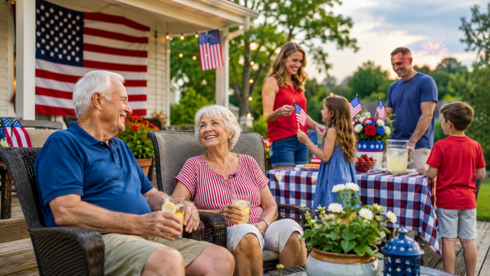 Several people gather in a backyard decorated with American flags. Two older individuals sit in outdoor chairs in the foreground holding drinks, while others stand nearby, including a child holding a small flag. A table covered with a red, white, and blue checkered cloth holds drinks and decorations, and a house with a large American flag is visible in the background.