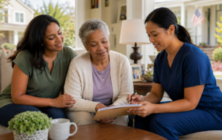 A healthcare professional in blue scrubs sits with two adults in a bright living room, reviewing and signing paperwork on a clipboard. The group is seated on a sofa near a coffee table, with a window, lamp, and home furnishings visible in the background.