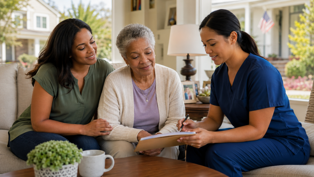 A healthcare professional in blue scrubs sits with two adults in a bright living room, reviewing and signing paperwork on a clipboard. The group is seated on a sofa near a coffee table, with a window, lamp, and home furnishings visible in the background.