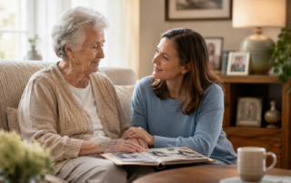 The image depicts an elderly woman and a young person sitting together, reading a book, surrounded by a cozy, homey atmosphere.