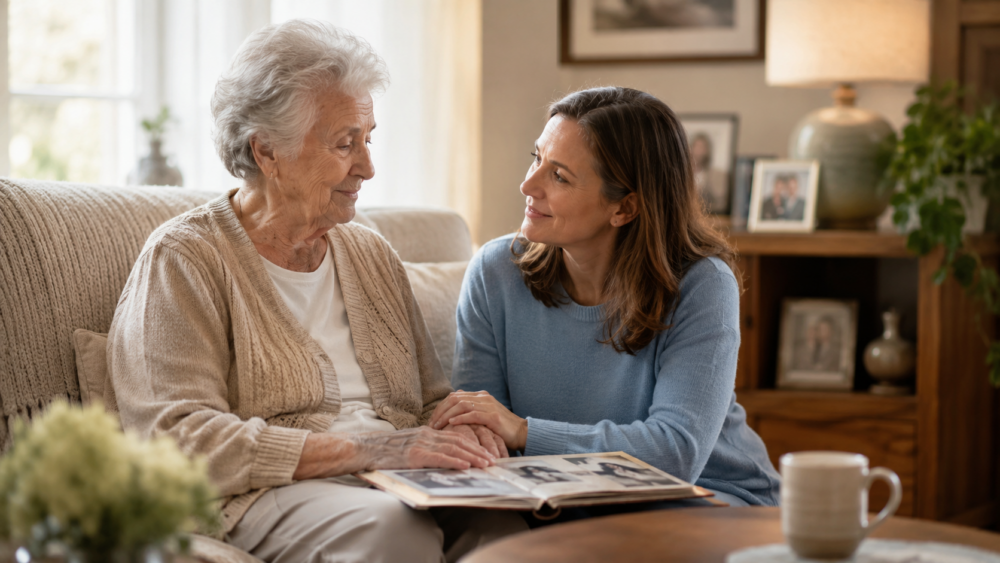 The image depicts an elderly woman and a young person sitting together, reading a book, surrounded by a cozy, homey atmosphere.