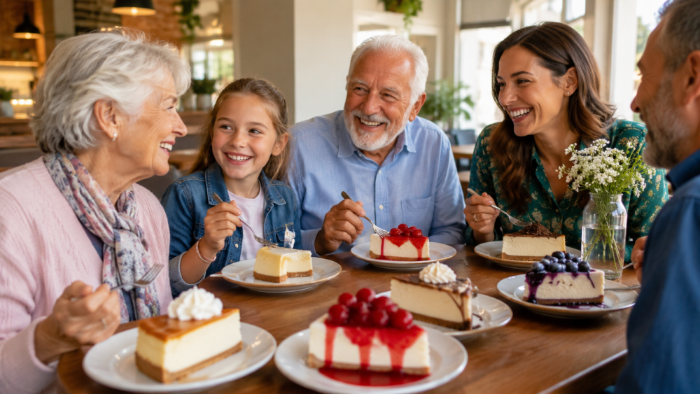 A family is gathered around a table, sharing a delicious assortment of cheesecakes.