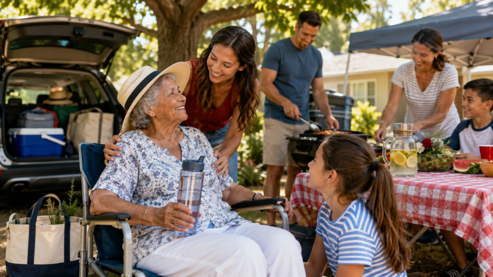 Family caregiver supporting an older adult during an outdoor picnic gathering.