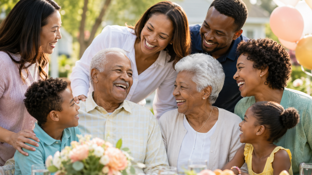 Family members and older adults spending quality time together outdoors during a gathering.