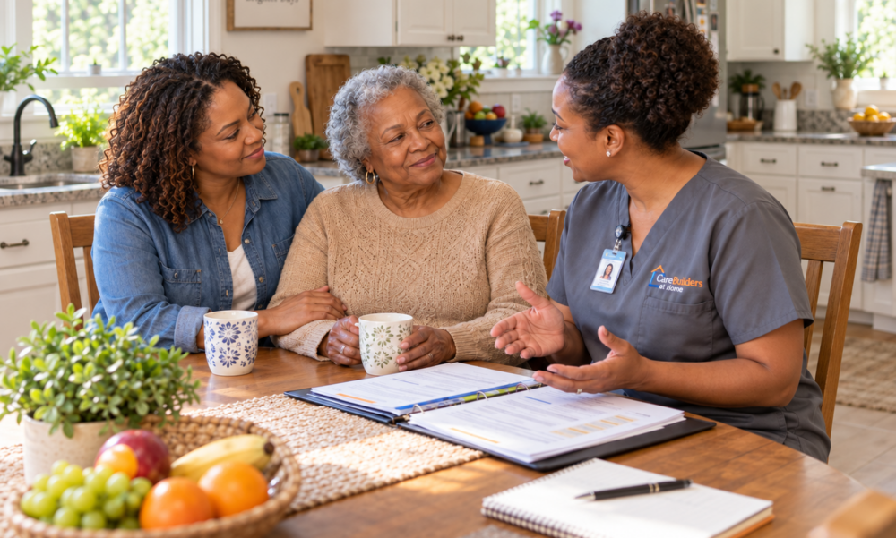 Three individuals are gathered around a kitchen table, engaging in a conversation, with a caregiver present, amidst a kitchen setting filled with fruits, papers, and a coffee mug.