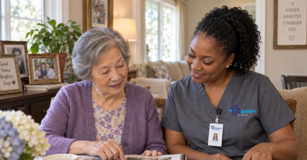 Older adult and in-home caregiver reviewing family photo albums and a dementia communication workbook together at a dining table, illustrating personalized memory care and caregiver support at home.