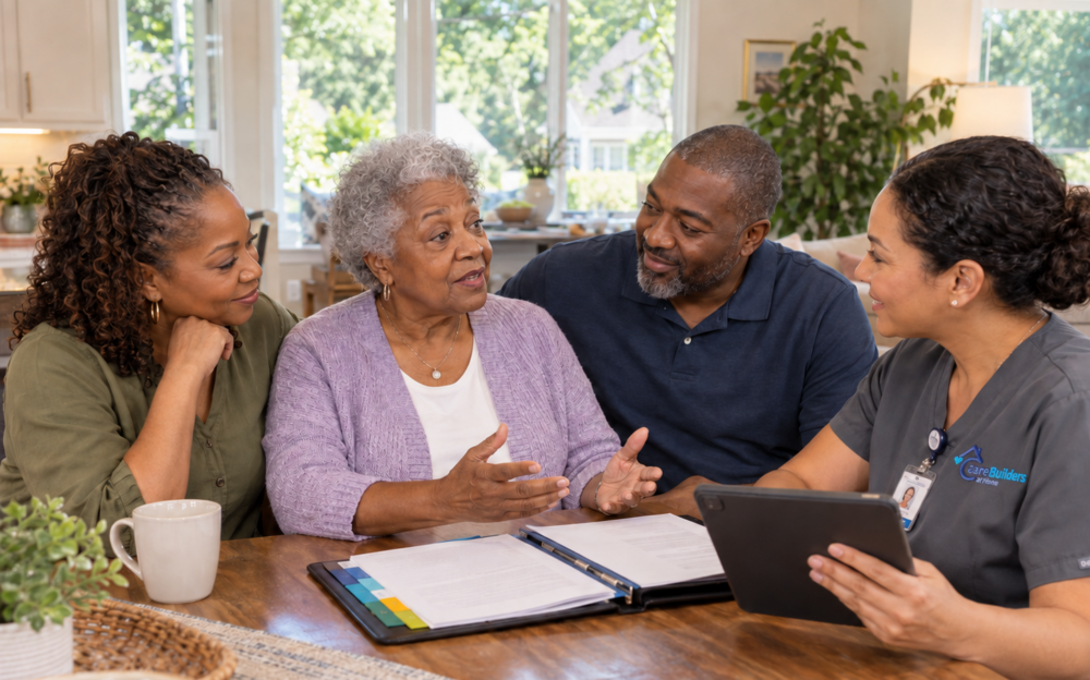 Person with memory care needs meeting with family members and a dementia care professional at a kitchen table while reviewing care planning documents and support options.