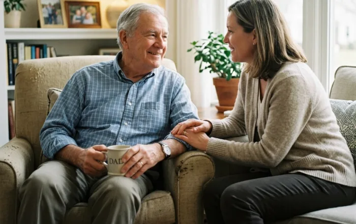 Image of a father and daughter smiling and talking to each other.
