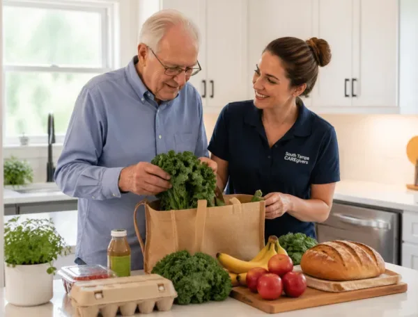 Dad-1 Caregiver helping an elderly man with fresh groceries in a South Tampa kitchen for better senior nutrition.