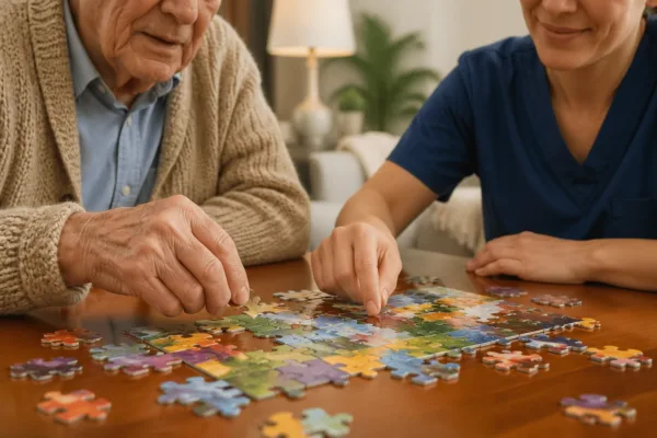 Dad-2 Senior and caregiver working on a puzzle to improve brain health and cognitive fitness in South Tampa.