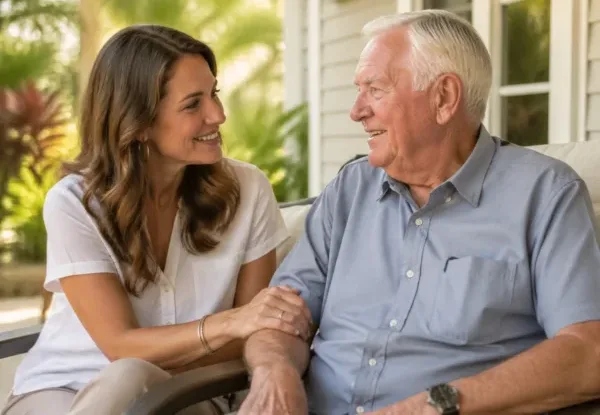 Dad-3 Daughter and elderly father having a heart-to-heart about home care on a sunny Davis Island patio.