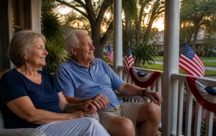 A warm, inviting, and patriotic photograph of a senior couple sitting on a classic South Tampa front porch, decorated with small American flags and red, white, and blue bunting.