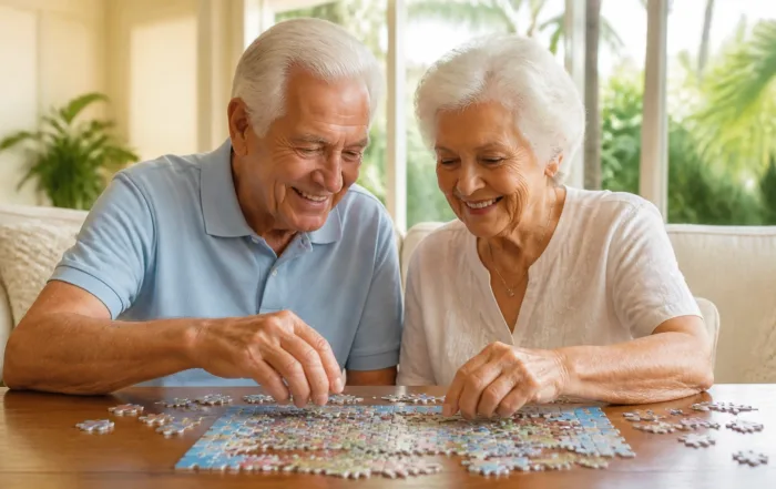 An elderly couple smiling and working on a jigsaw puzzle together in a sun-drenched living room with views of lush Florida greenery