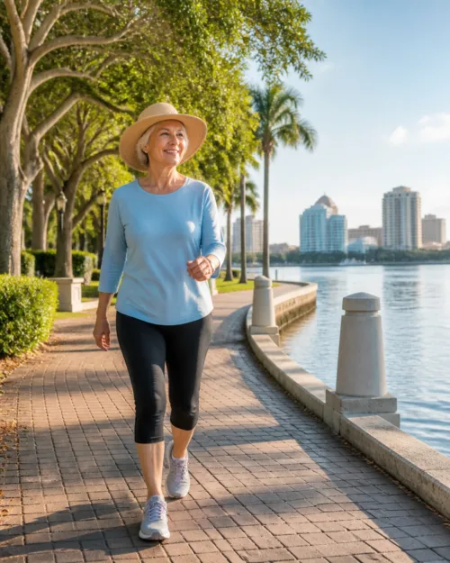Aug26-2 A senior woman walking along a beautiful paved path by the water in Tampa