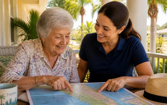 A senior woman and caregiver exploring a map together on a sunny Tampa porch