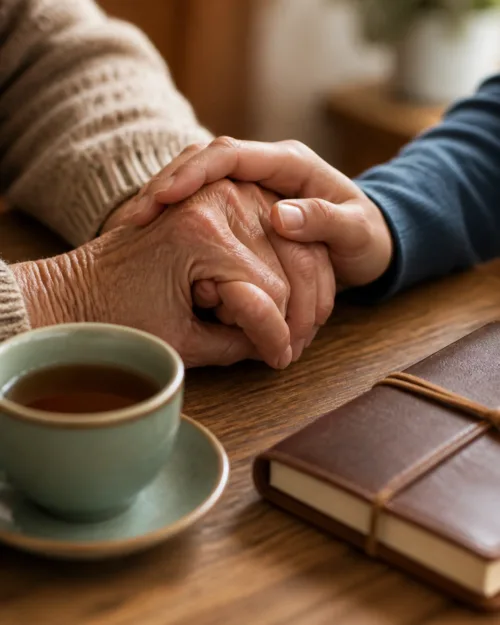 0926-1 A compassionate close-up of a caregiver's hand resting on a senior's hand