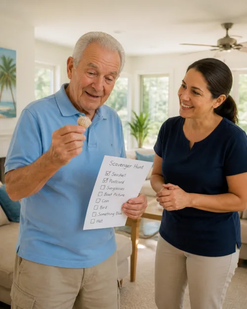 0926-2 A senior man happily engaged in a scavenger hunt activity with a caregiver