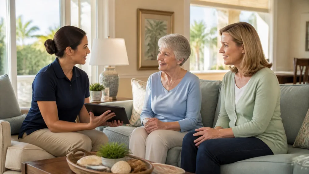 0926-3 A caregiver speaking with a senior and adult family member in a warm Tampa living room