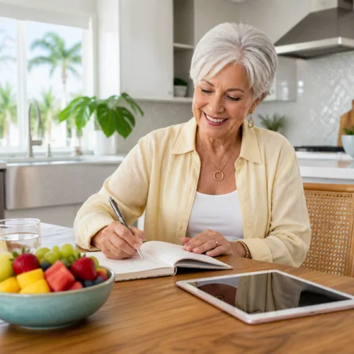0926-4 A senior woman journaling at a sunlit kitchen table