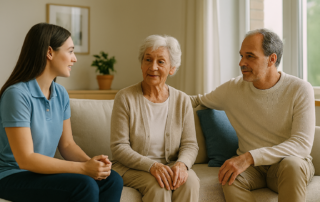 An in‑home care professional talking with an older adult and family member in a comfortable living room, representing senior care planning in Southern California.