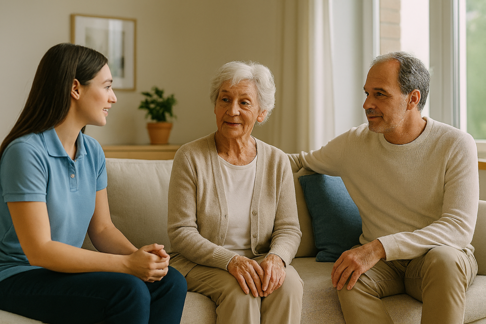 An in‑home care professional talking with an older adult and family member in a comfortable living room, representing senior care planning in Southern California.
