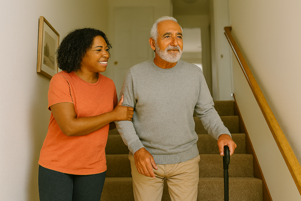 An older adult receiving light in‑home support while walking through a staircase with a caregiver, representing flexible home care.