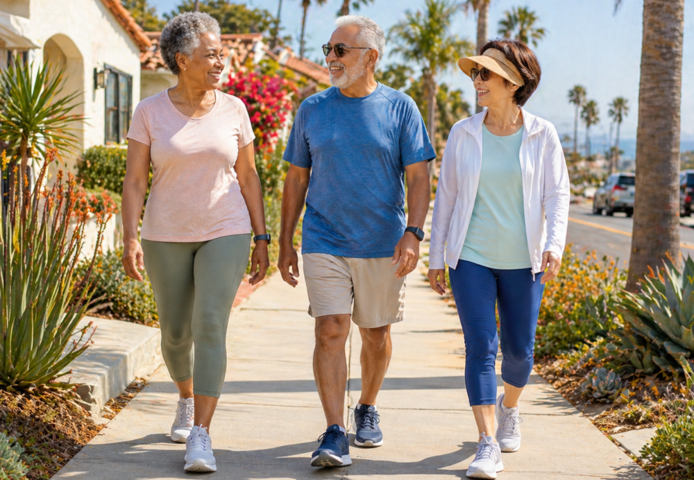 Three older adults walk side by side along a sunny residential sidewalk, smiling and chatting as they enjoy an active, independent stroll through a tree-lined neighborhood.