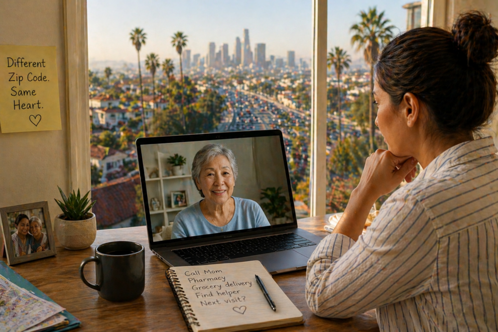 A woman sits at a desk by a large window overlooking a busy Southern California city, thoughtfully looking at her laptop during a video call with her older parent, whose smiling face appears on the screen, highlighting long-distance caregiving and connection.
