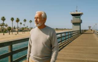 A person enjoying a morning walk on a Southern California pier with ocean views and palm trees, reflecting independent coastal living.