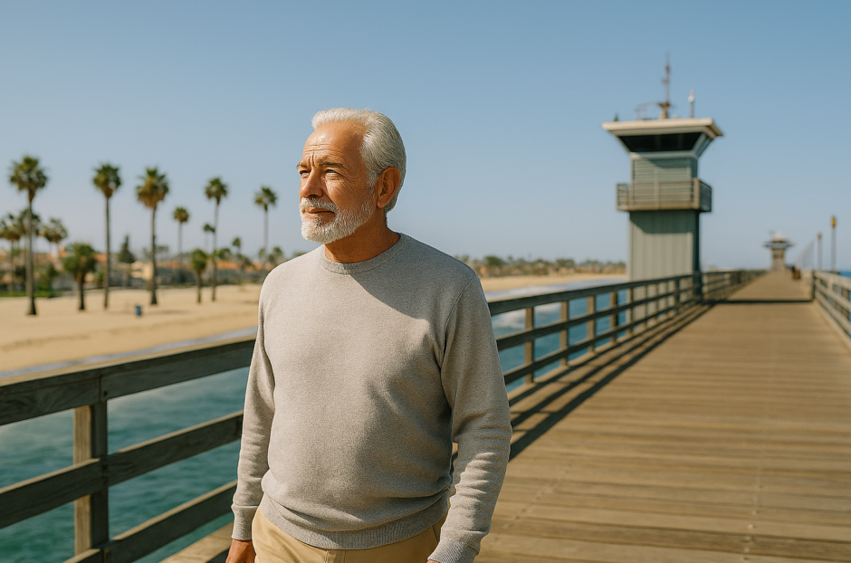 A person enjoying a morning walk on a Southern California pier with ocean views and palm trees, reflecting independent coastal living.