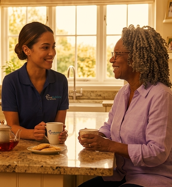 Home-image1 A caregiver and an older adult sit together at a kitchen island in a bright, welcoming home kitchen, sharing a conversation over tea and cookies. Natural light streams through large windows, and CareBuilders at Home branding appears in the lower corner of the image.